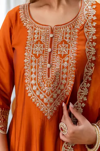 Floral embroidered silk blend round neck kurta trouser & dupatta set