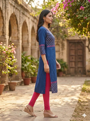 Women navy cotton straight kurta 3