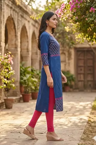 Women navy cotton straight kurta