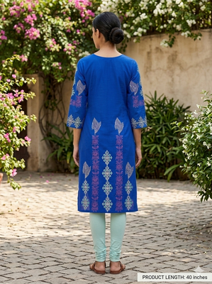 Women royal blue cotton straight kurta 2