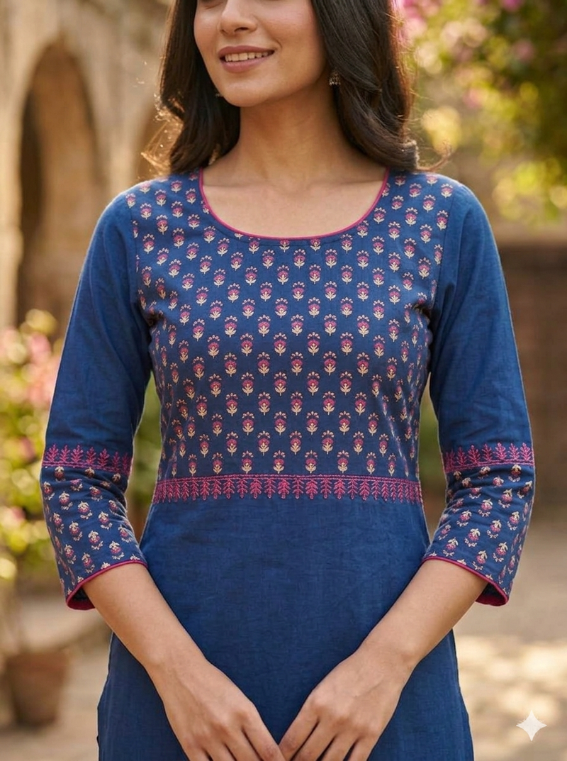 Women navy cotton straight kurta