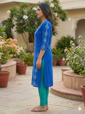 Women royal blue cotton straight kurta 3