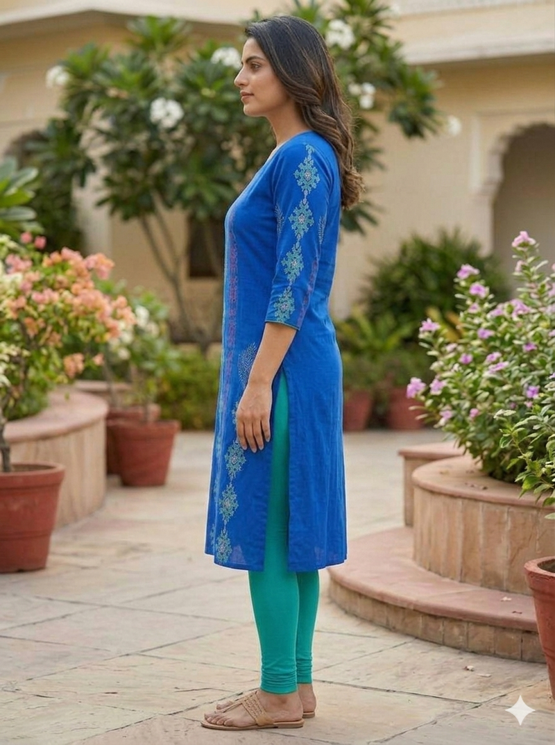Women royal blue cotton straight kurta