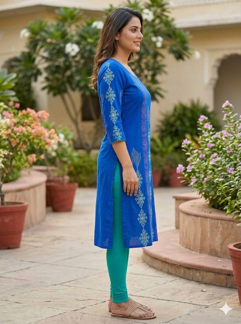 Women royal blue cotton straight kurta