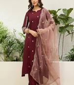 Floral embroidered chinon round neck kurta trouser & dupatta set