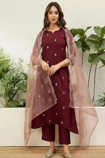Floral embroidered chinon round neck kurta trouser & dupatta set
