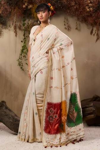 Red soft muga cotton resham weaving saree with blouse