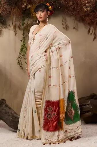 Red soft muga cotton resham weaving saree with blouse
