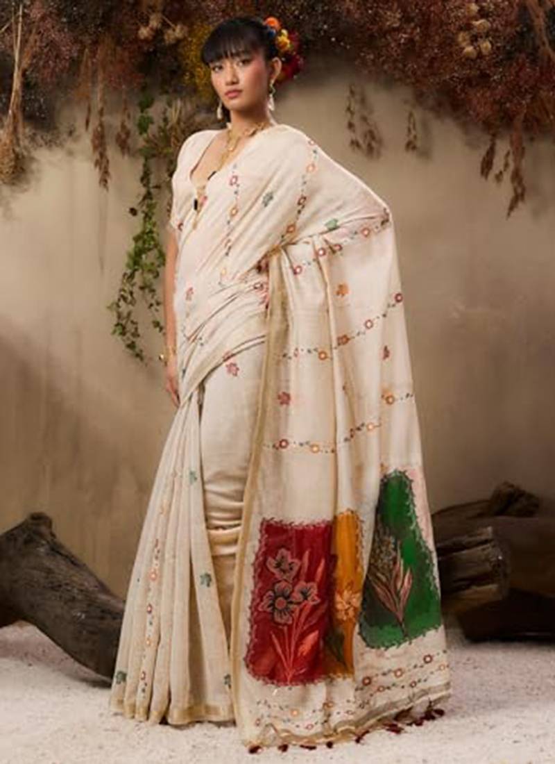 Red soft muga cotton resham weaving saree with blouse