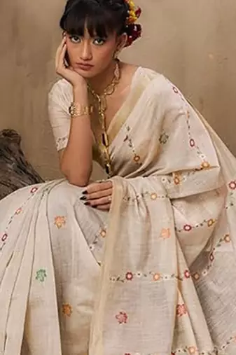 Red soft muga cotton resham weaving saree with blouse