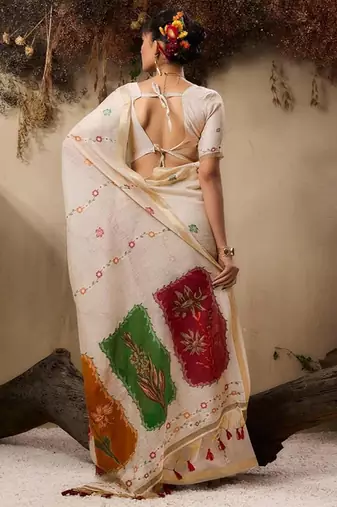 Red soft muga cotton resham weaving saree with blouse