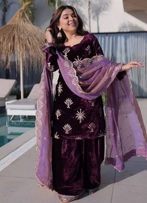 wine ice velvet palazzo set with fendi sequins dupatta 1