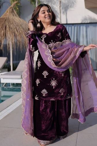 wine ice velvet palazzo set with fendi sequins dupatta