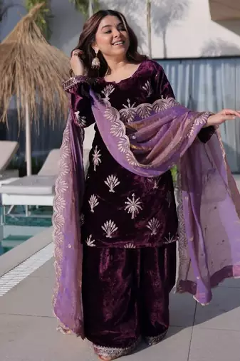wine ice velvet palazzo set with fendi sequins dupatta