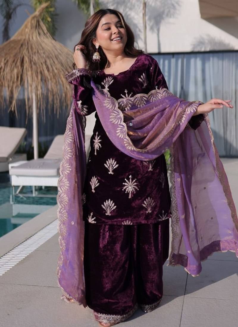 wine ice velvet palazzo set with fendi sequins dupatta