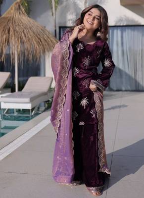 wine ice velvet palazzo set with fendi sequins dupatta 2