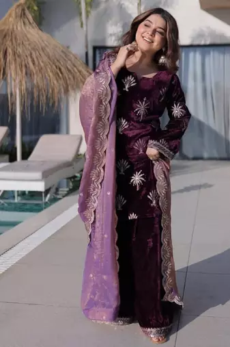 wine ice velvet palazzo set with fendi sequins dupatta