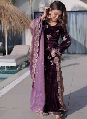 wine ice velvet palazzo set with fendi sequins dupatta 4