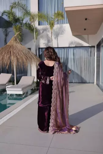 wine ice velvet palazzo set with fendi sequins dupatta
