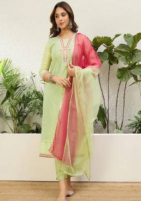 Floral embroidered chanderi round neck kurta trouser & dupatta set 1