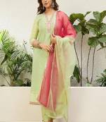 Floral embroidered chanderi round neck kurta trouser & dupatta set