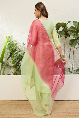 Floral embroidered chanderi round neck kurta trouser & dupatta set 2
