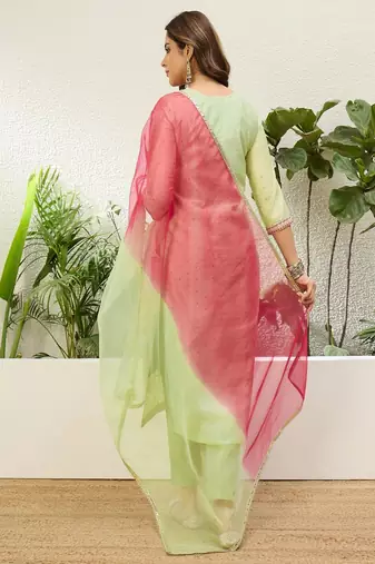Floral embroidered chanderi round neck kurta trouser & dupatta set