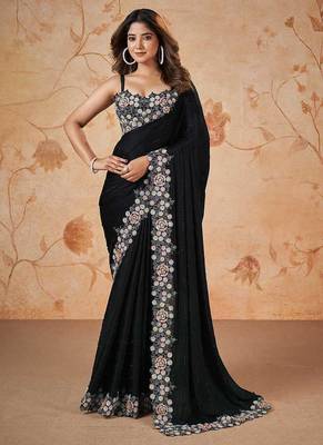 Black faux crepe satin silk saree with embroidered blouse 1