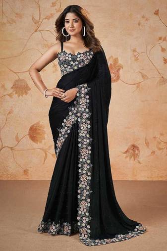 Black faux crepe satin silk saree with embroidered blouse