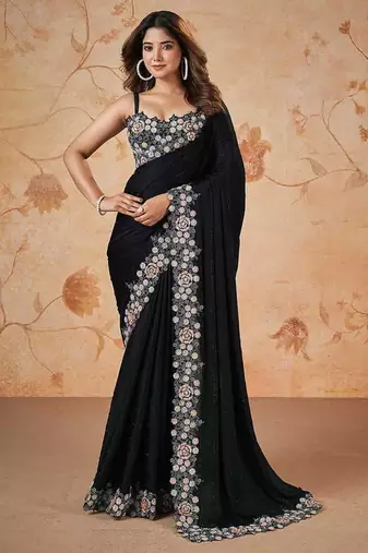 Black faux crepe satin silk saree with embroidered blouse