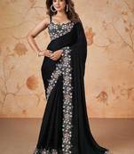 Black faux crepe satin silk saree with embroidered blouse