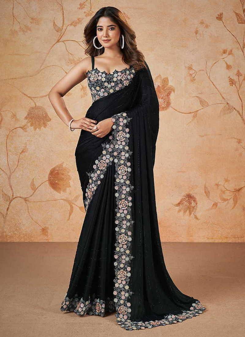 Black faux crepe satin silk saree with embroidered blouse