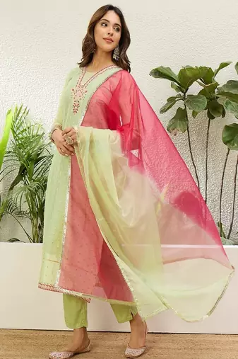 Floral embroidered chanderi round neck kurta trouser & dupatta set