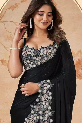 Black faux crepe satin silk saree with embroidered blouse