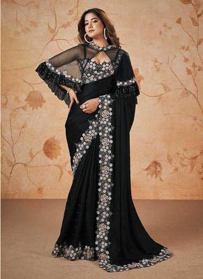 Black faux crepe satin silk saree with embroidered blouse 3