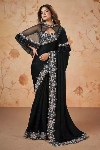 Black faux crepe satin silk saree with embroidered blouse