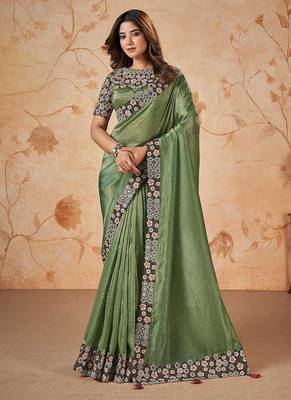 Sage green faux crepe satin silk saree with embroidered blouse 1