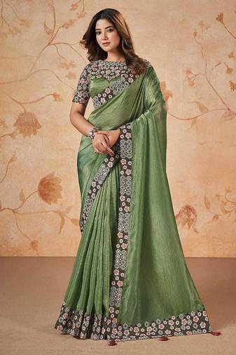 Sage green faux crepe satin silk saree with embroidered blouse