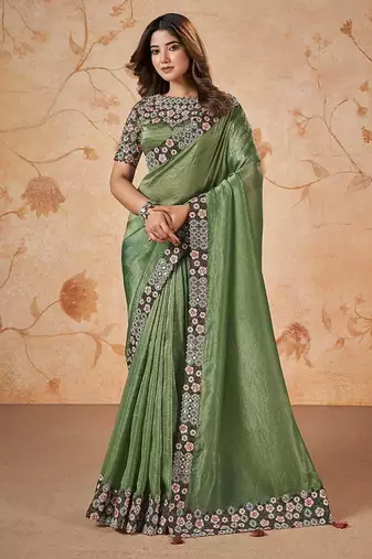 Sage green faux crepe satin silk saree with embroidered blouse
