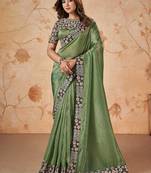 Sage green faux crepe satin silk saree with embroidered blouse
