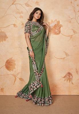 Sage green faux crepe satin silk saree with embroidered blouse 2