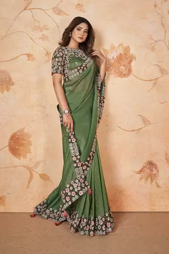 Sage green faux crepe satin silk saree with embroidered blouse