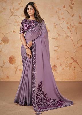 Lavender faux crepe satin silk saree with embroidered blouse 1