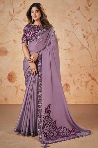 Lavender faux crepe satin silk saree with embroidered blouse