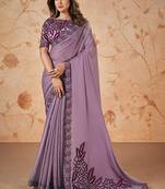 Lavender faux crepe satin silk saree with embroidered blouse