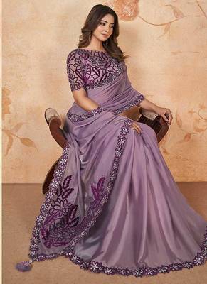 Lavender faux crepe satin silk saree with embroidered blouse 2