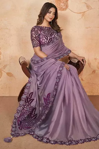 Lavender faux crepe satin silk saree with embroidered blouse