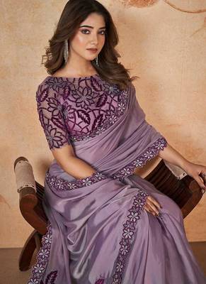 Lavender faux crepe satin silk saree with embroidered blouse 3