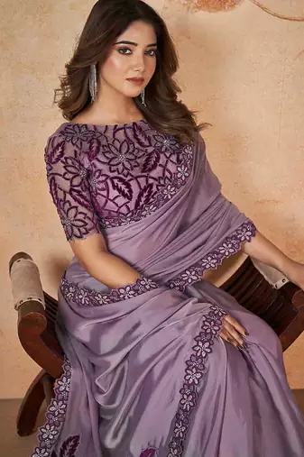 Lavender faux crepe satin silk saree with embroidered blouse