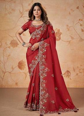 Red faux crepe satin silk saree with embroidered blouse 1